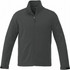 A men's softshell jacket in dark grey, featuring a full zipper and a collar, with branding.
