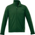 A green men's softshell jacket with a high collar and zippered front, featuring side pockets.