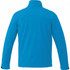 A blue softshell jacket for men, featuring a high collar and long sleeves, with a logo on the back.