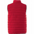 A red insulated vest with a quilted design and a high collar, featuring a logo on the back.