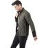 A men's insulated jacket in olive green, featuring a quilted design and a logo.