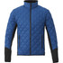 A blue insulated jacket featuring a quilted design and black sleeves, with zippered side pockets and a high collar.