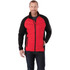 A men’s hybrid insulated jacket featuring a red body and black sleeves, with a branded logo on the sleeve.