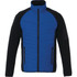 A men's insulated jacket featuring a blue body with black sleeves and a logo on one side.