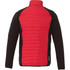 A men's hybrid insulated jacket featuring a red upper and black lower section, with a logo on the sleeve.