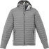 A grey puffer jacket with a hood and zippered front, featuring a patterned interior and side pockets.