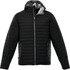 A black puffer jacket with a hood, featuring a zip front and side pockets, and a contrasting inner lining.