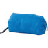 A packable puffer jacket in a vibrant blue colour, neatly rolled and tied with a drawstring.