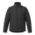 A black insulated puffer jacket with a high collar, featuring zippered pockets and a logo on the hem.