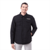 A man wearing a black insulated shacket with two front pockets and a logo on the chest.