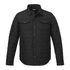 A black insulated shacket featuring a button-up front and two chest pockets. It has a logo on the design.