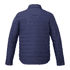 A navy blue insulated shacket for men, featuring a sleek design and a back yoke detail. It has a logo.