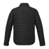 A black insulated shacket for men, featuring a quilted design and a collar, with a logo on the back.