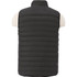 A dark grey men's down vest with a low collar and a quilted design displayed on a mannequin. Features a logo.