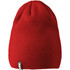 A red knit beanie with a simple logo, featuring a snug fit suitable for unisex wear.