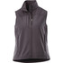 A women's softshell vest in dark grey with a high collar and zip front, featuring a logo on the side.