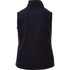 A navy softshell vest for women, featuring a high collar and a logo on the back.
