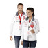 A white packable jacket for women with a grey collar, featuring a logo and a model holding a flyer.