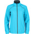 A women's rain jacket in bright turquoise with a zip front and a logo on the chest.