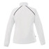 A women's packable rain jacket in white with a high collar and reflective detailing on the back.