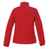 A red women's rain jacket with reflective accents, featuring a high collar and long sleeves. There is a logo present.