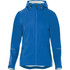 A blue women's rain jacket featuring a hood, zip closure, and logo detail.
