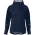 A women's rain jacket in navy blue with a hood, featuring zippers and reflective trim. It includes a brand logo.
