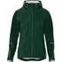A green women's rain jacket featuring a hood, zip closure, and reflective detailing. The jacket has a logo on it.