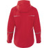 A red women's rain jacket featuring a hood and reflective details at the back. It has a logo on it.