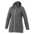 A women's rain jacket in grey with a hood and zippered pockets, featuring a sleek design and a branding logo.