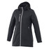 A women's rain jacket in black with a hood and zippered pockets, featuring a sleek design and a logo.