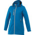 A women's rain jacket in vibrant blue, featuring a zip front and a hood. The jacket has a logo on it.