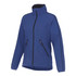 A blue women's rain jacket with a high collar, zippered front, and two zippered pockets, featuring a logo.
