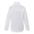 A white women's rain jacket with a collar, featuring a minimalist design and reflective detailing.