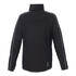 A black women's rain jacket with reflective detailing and a high collar, featuring a logo on the back.