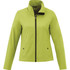 A women's softshell jacket in vibrant lime green, featuring a zip front and a sleek, stylish design.