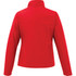 A red softshell jacket for women featuring a high collar and long sleeves, with a brand logo on the back.