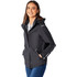 A women's softshell jacket in black, featuring a hood and reflective detailing, alongside a smiling model.