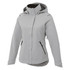 A women's soft shell jacket in light grey with a hood and zippered pockets, featuring a logo.