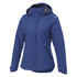 A blue women's softshell jacket with a hood, featuring zippered pockets and a logo.