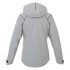 A grey softshell jacket for women featuring a hood and zippered pockets, with a logo on the back.