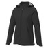 A women's softshell jacket in black, featuring a hood and zippered pockets. Includes a logo on the front.