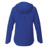 A women's softshell jacket in vibrant blue, featuring a hood and a logo on the back.