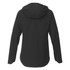 A women's black softshell jacket featuring a hood and a sleek design, with branding present on the fabric.