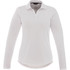 A women's long sleeve polo shirt in white with a collar and a logo on the front.