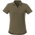 A women's short sleeve polo shirt in olive green with a collared neckline and button placket. It features a logo.