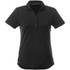 A black women's polo shirt with short sleeves and a collar, featuring a button placket and a subtle logo.