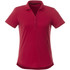 A red women's short sleeve polo shirt with a collar and buttons, featuring a logo.