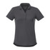 A women's short sleeve polo shirt in dark grey with a collar and button placket, featuring a logo.