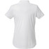 A white women's polo shirt featuring a classic short sleeve design and a collar, with branding present.